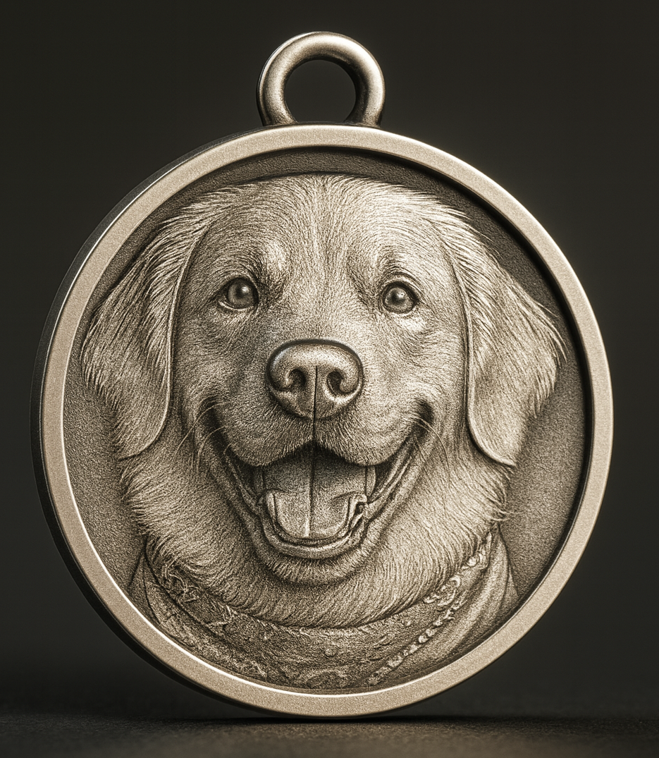 A custom Momenza pendant with a dog portrait